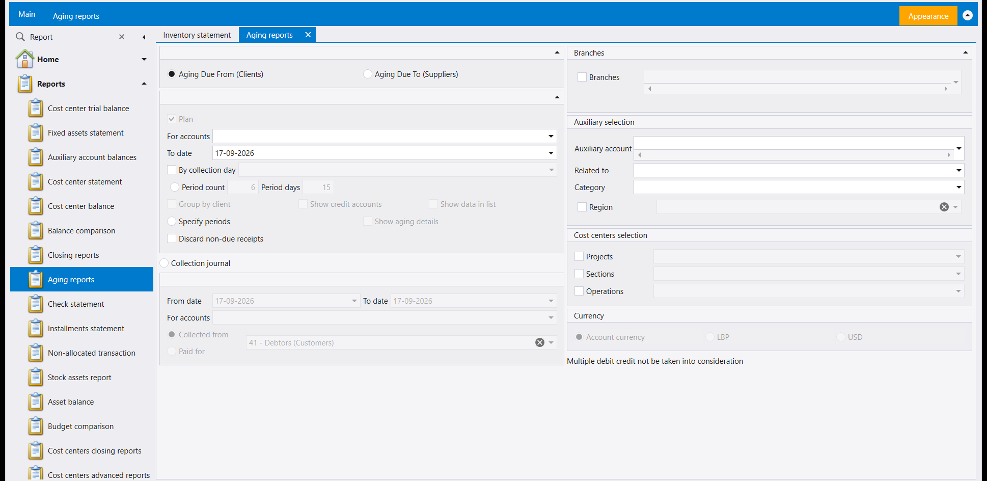 The Aging reports screen: a choice of Aging Due From Clients or Aging Due To Suppliers, a Plan and To date row, By collection day, Period count and Period days or Specify periods, Group by client, Show credit accounts, Show data in list, Discard non-due receipts, a Collection journal option with From date, To date, For accounts, Collected from and Paid for, and Branches, Auxiliary selection, Cost centers selection and Currency panels