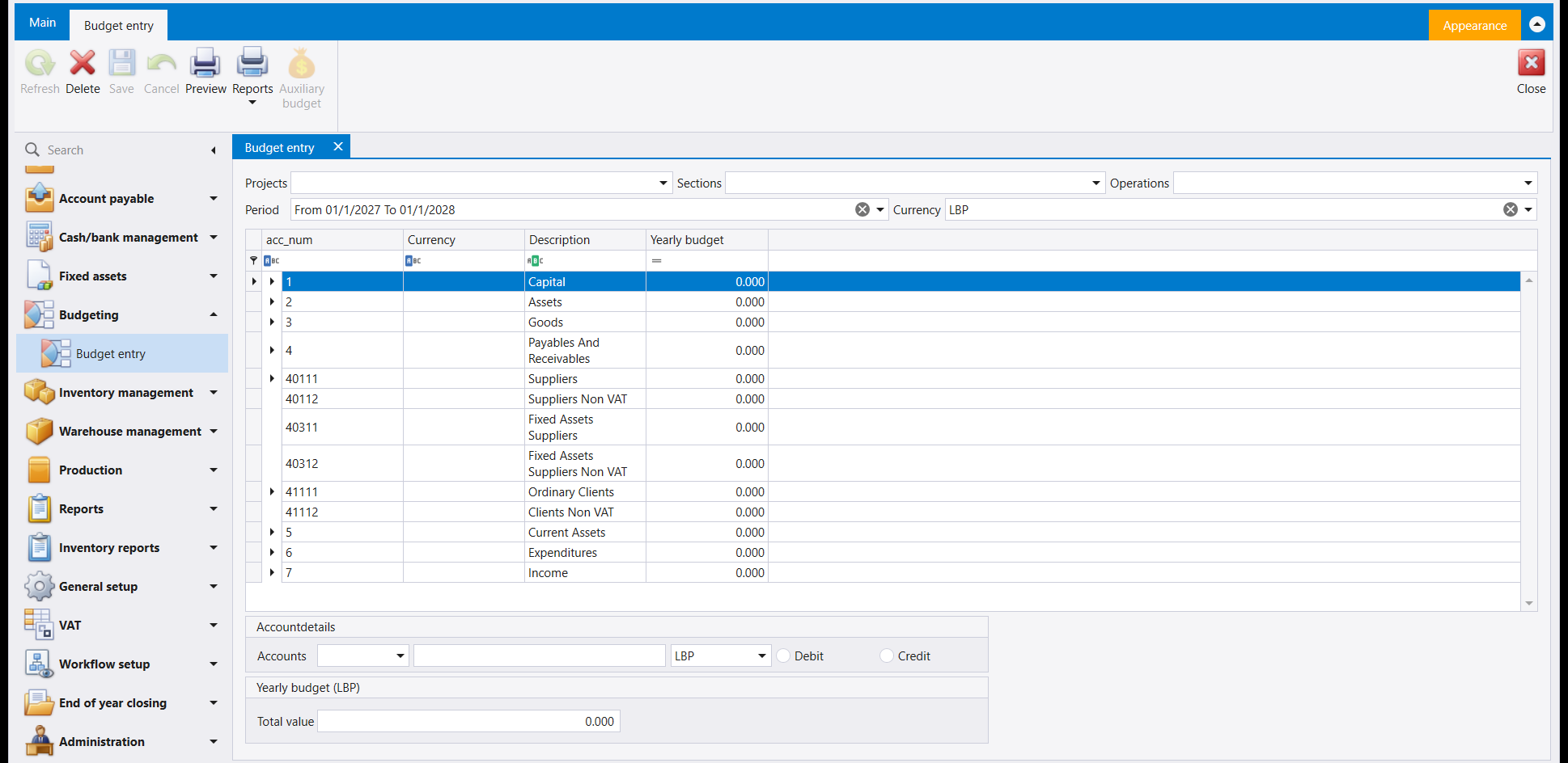 The Budget entry screen: a ribbon with a greyed Refresh, Delete, a greyed Save and Cancel, Preview, Reports and a greyed Auxiliary budget; Projects, Sections and Operations selectors; a Period reading From 01/1/2027 To 01/1/2028 and a Currency of LBP; a grid with acc_num, Currency, Description and Yearly budget columns listing Capital, Assets, Goods, Payables And Receivables, Suppliers, Suppliers Non VAT, Fixed Assets Suppliers, Fixed Assets Suppliers Non VAT, Ordinary Clients, Clients Non VAT, Current Assets, Expenditures and Income, each at 0.000; below, an Accountdetails panel with Accounts, a currency box and Debit and Credit options, and a Yearly budget panel with a Total value of 0.000
