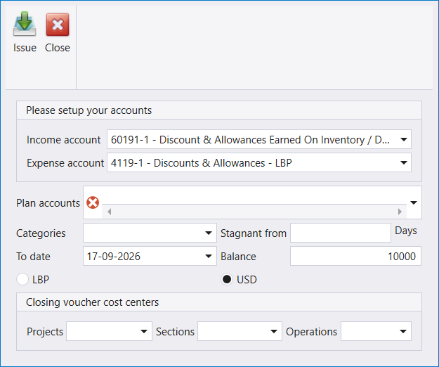 The Closing balances of accounts screen: Issue and Close in the ribbon, a Please setup your accounts panel with an Income account and an Expense account, a Plan accounts box, Categories, Stagnant from in Days, a To date, a Balance figure, a choice between LBP and USD, and a Closing voucher cost centers panel with Projects, Sections and Operations