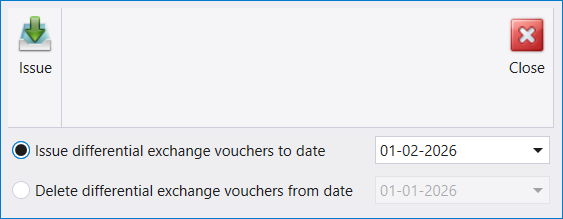 The Differential exchange screen: Issue and Close in the ribbon, a choice between Issue differential exchange vouchers to date 01-02-2026 and Delete differential exchange vouchers from date 01-01-2026, the second greyed