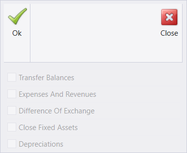 The Reverse closing of current year screen: Ok and Close in the ribbon above five greyed options - Transfer Balances, Expenses And Revenues, Difference Of Exchange, Close Fixed Assets and Depreciations