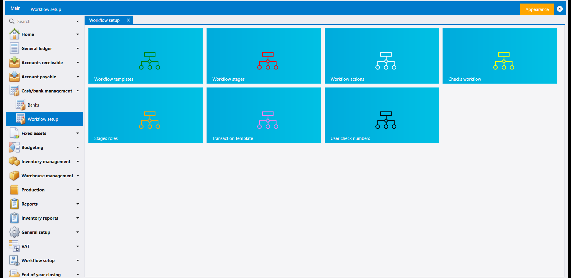 The Workflow setup screen, seven tiles: Workflow templates, Workflow stages, Workflow actions, Checks workflow, Stages roles, Transaction template, User check numbers