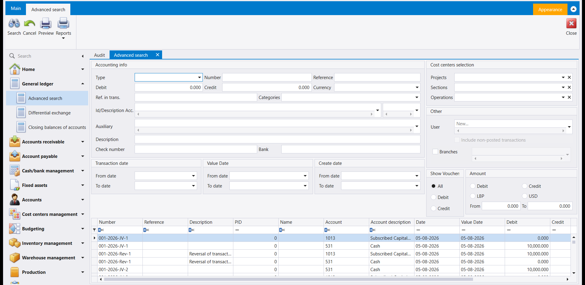 Advanced search. Accounting info, three date ranges, cost centre selection and amount filters above a results grid of individual lines