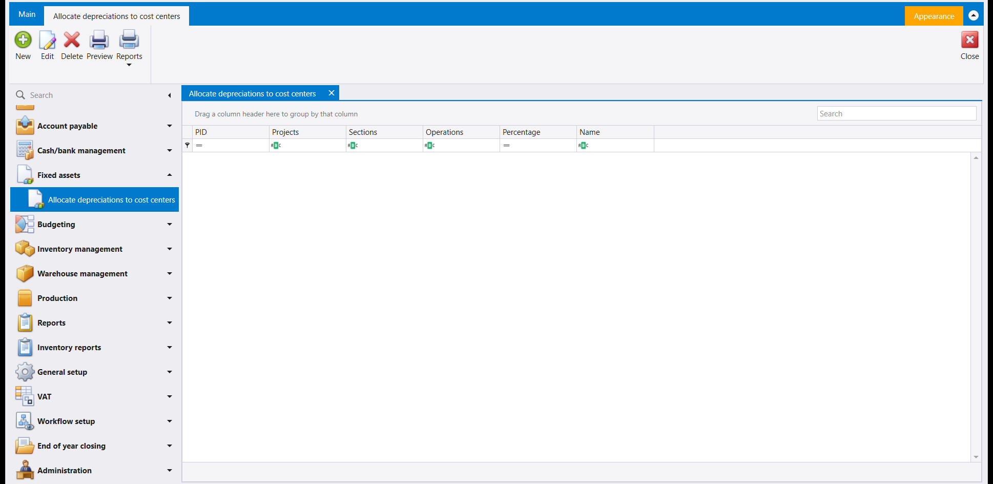 The Allocate depreciations to cost centers screen: a ribbon with New, Edit, Delete, Preview and Reports above an empty grid with PID, Projects, Sections, Operations, Percentage and Name columns