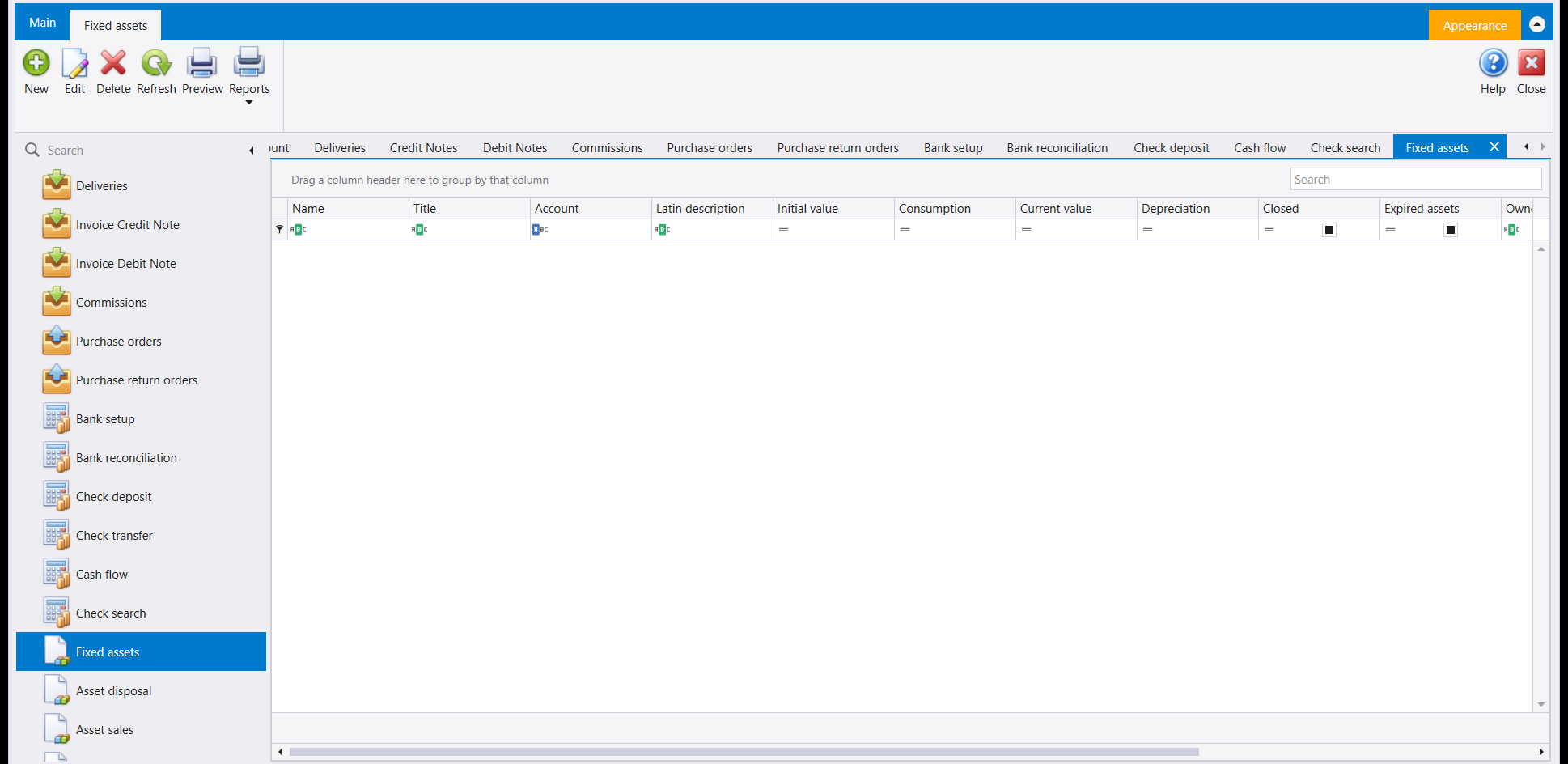The Fixed assets screen: a ribbon with New, Edit, Delete, Refresh, Preview and Reports above an empty grid whose columns are Name, Title, Account, Latin description, Initial value, Consumption, Current value, Depreciation, Closed, Expired assets and Owner