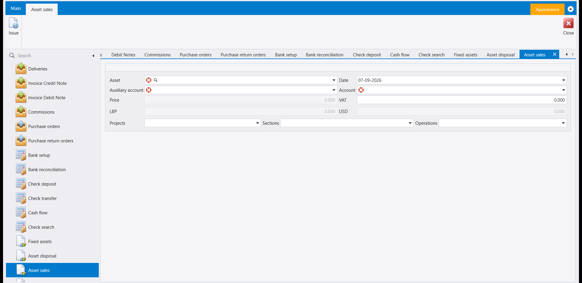 The Asset sales screen: a single Issue button above a form with Asset, Date, Auxiliary account, Account, Price, VAT, LBP and USD boxes and Projects, Sections and Operations selectors; the Asset, Auxiliary account and Account fields carry red required markers