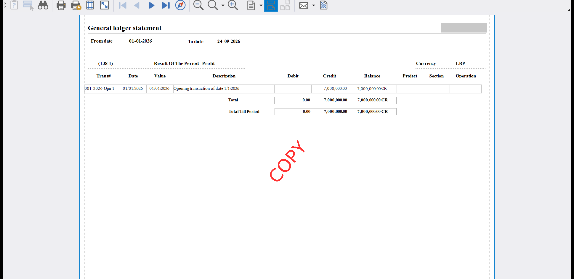 A previewed General ledger statement with the word COPY stamped diagonally in red across the page, under the preview toolbar