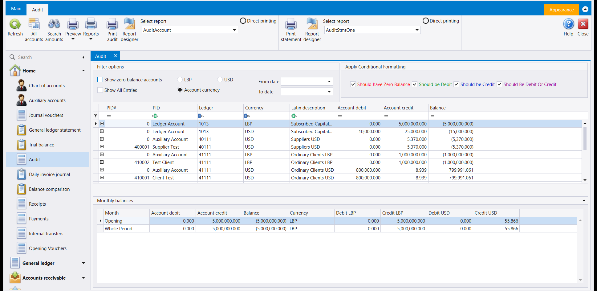 The same screen with the Monthly balances panel open, showing an Opening line and a Whole Period line for the selected account