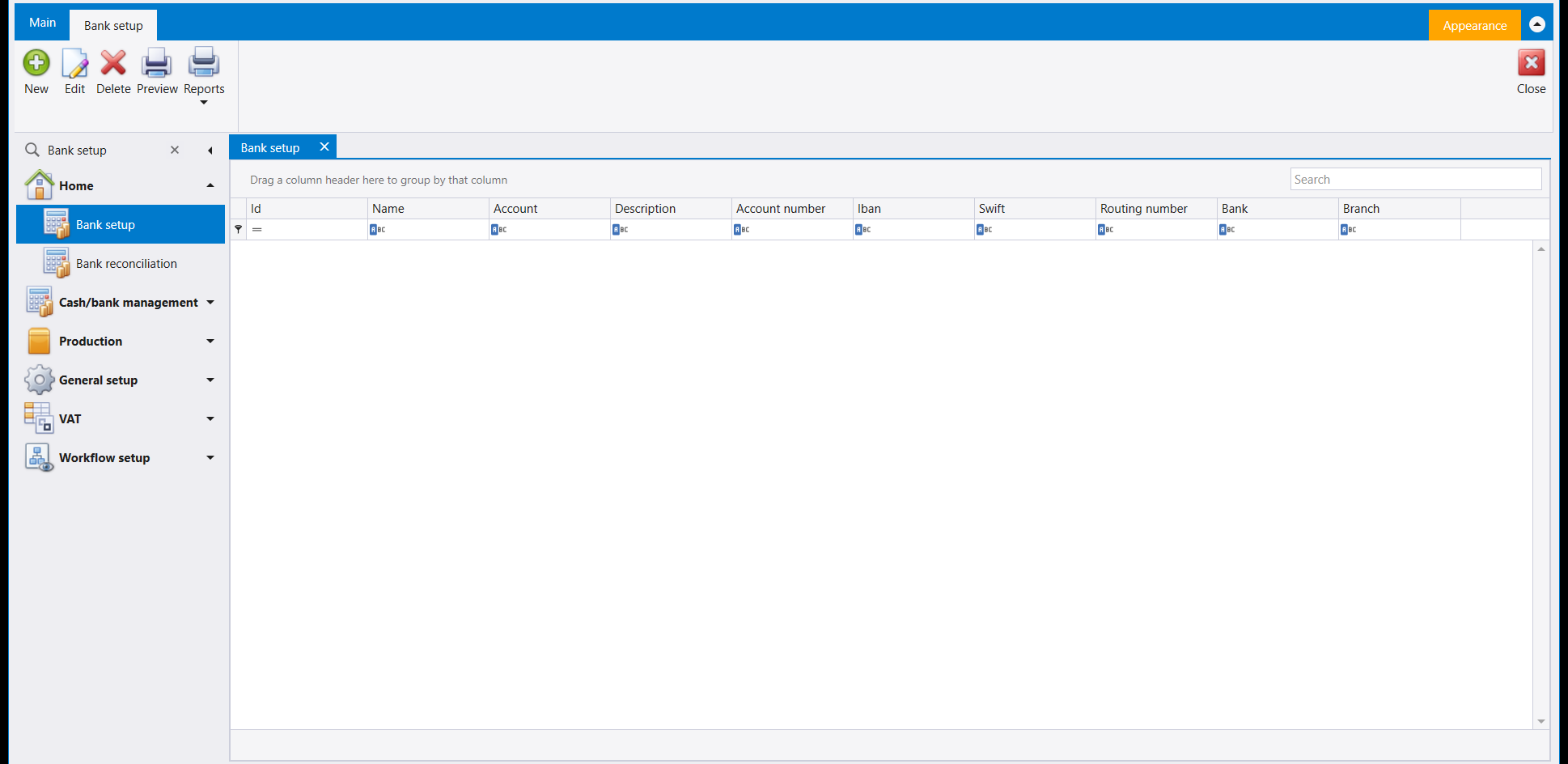 The Bank setup list, empty, with a ribbon carrying New, Edit, Delete, Preview and Reports, and columns Id, Name, Account, Description, Account number, Iban, Swift, Routing number, Bank and Branch