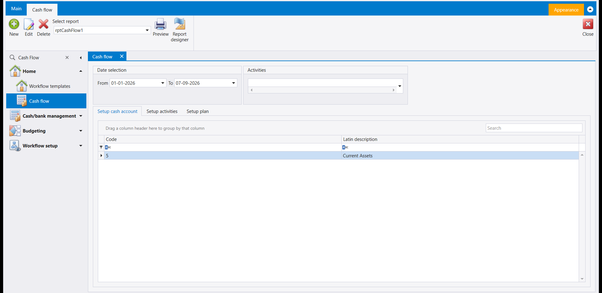 The Cash flow screen with a From and To date, an Activities selector, and three tabs - Setup cash account, Setup activities and Setup plan - the first showing a grid of Code and Latin description with one row reading 5, Current Assets