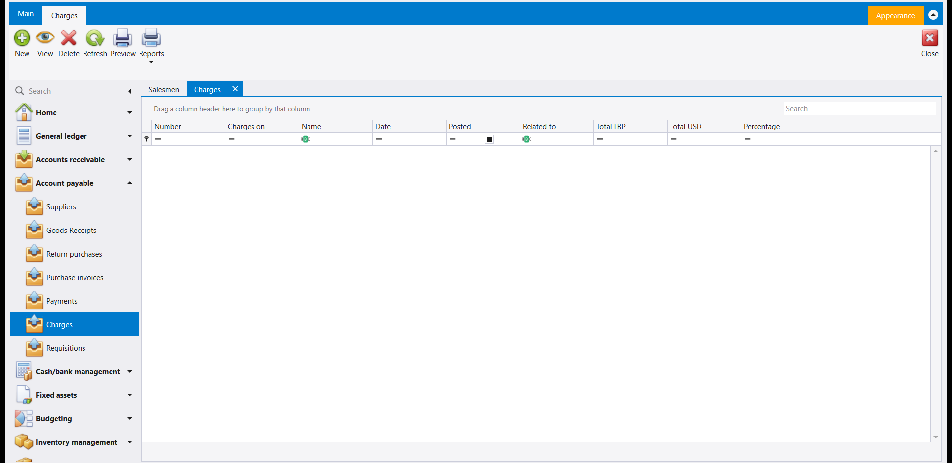 The Charges screen: a ribbon with New, View, Delete, Refresh, Preview and Reports, above an empty grid with Number, Charges on, Name, Date, Posted, Related to, Total LBP, Total USD and Percentage columns