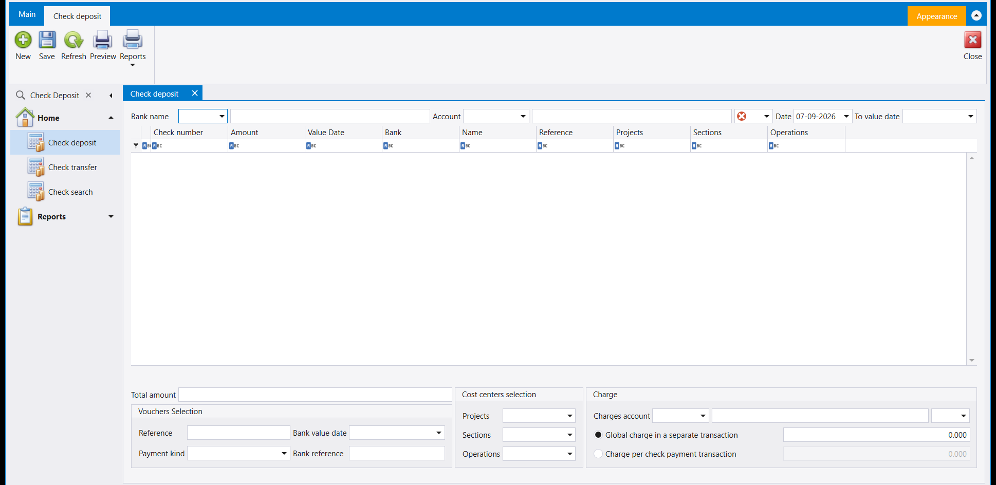 The Check deposit screen: Bank name and Account at the top with a Date and a To value date, a grid with Check number, Amount, Value Date, Bank, Name, Reference, Projects, Sections and Operations, and below it Total amount, a Vouchers Selection panel, a Cost centers selection panel and a Charge panel