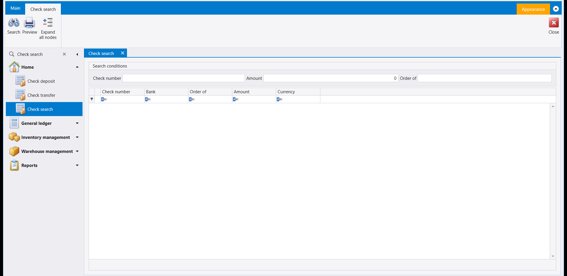 The Check search screen with search conditions for Check number, Amount and Order of, and a results grid showing Check number, Bank, Order of, Amount and Currency