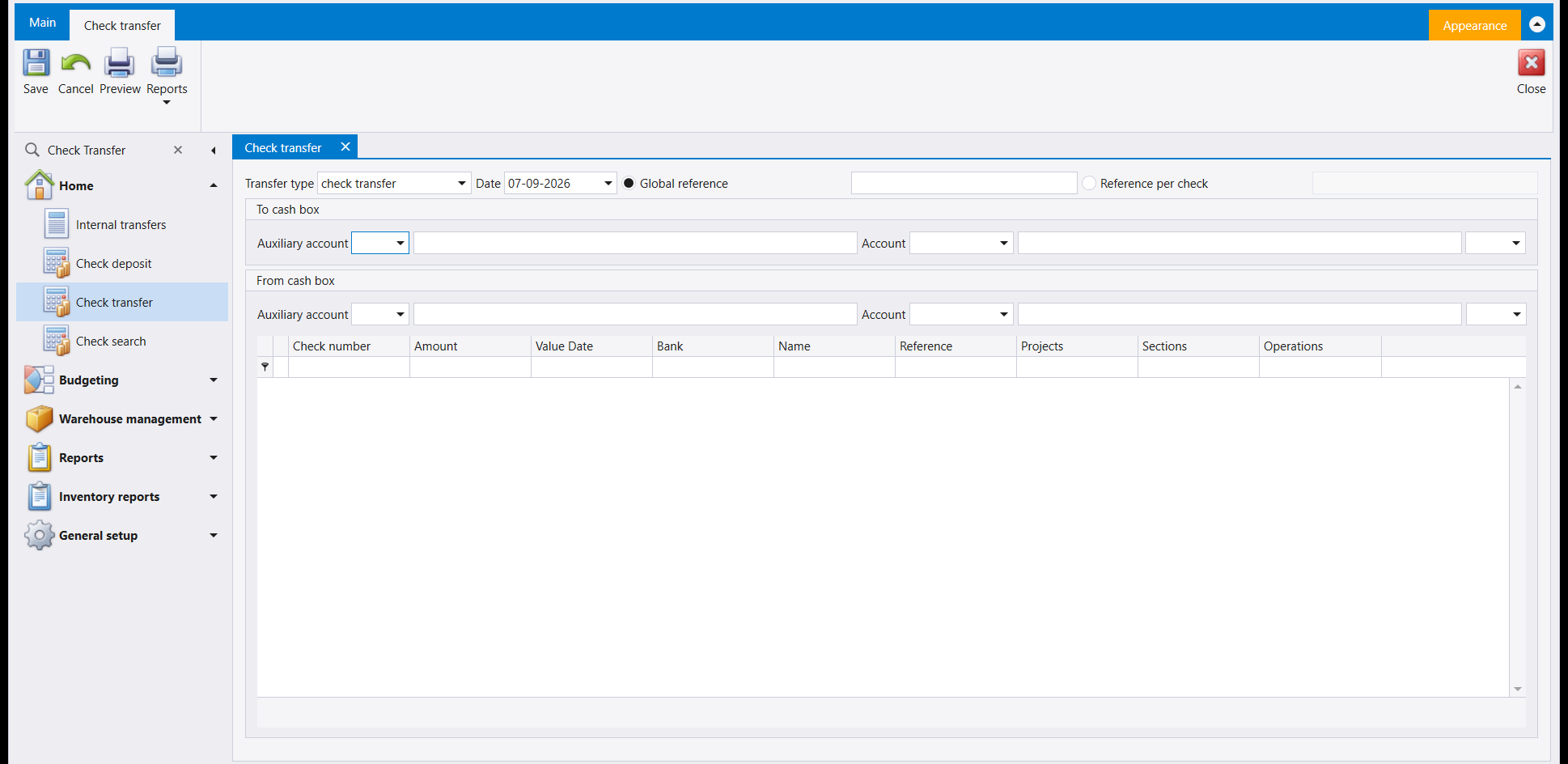 The Check transfer screen, with Transfer type, Date and a choice between Global reference and Reference per check, then a To cash box panel and a From cash box panel each holding an Auxiliary account and an Account, above a grid of cheques