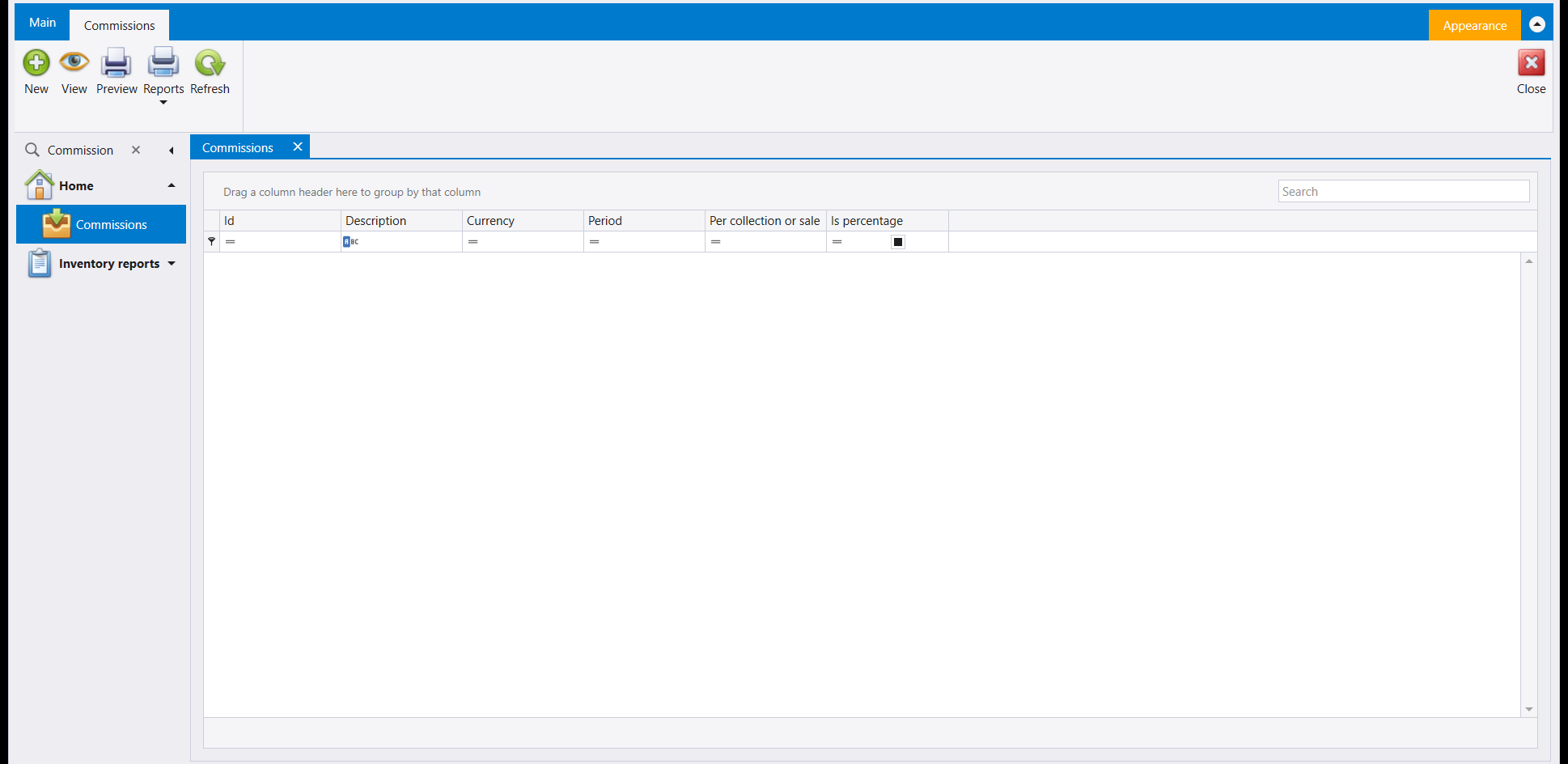 The Commissions screen: a ribbon with New, View, Preview, Reports and Refresh, above an empty grid with Id, Description, Currency, Period, Per collection or sale and Is percentage columns