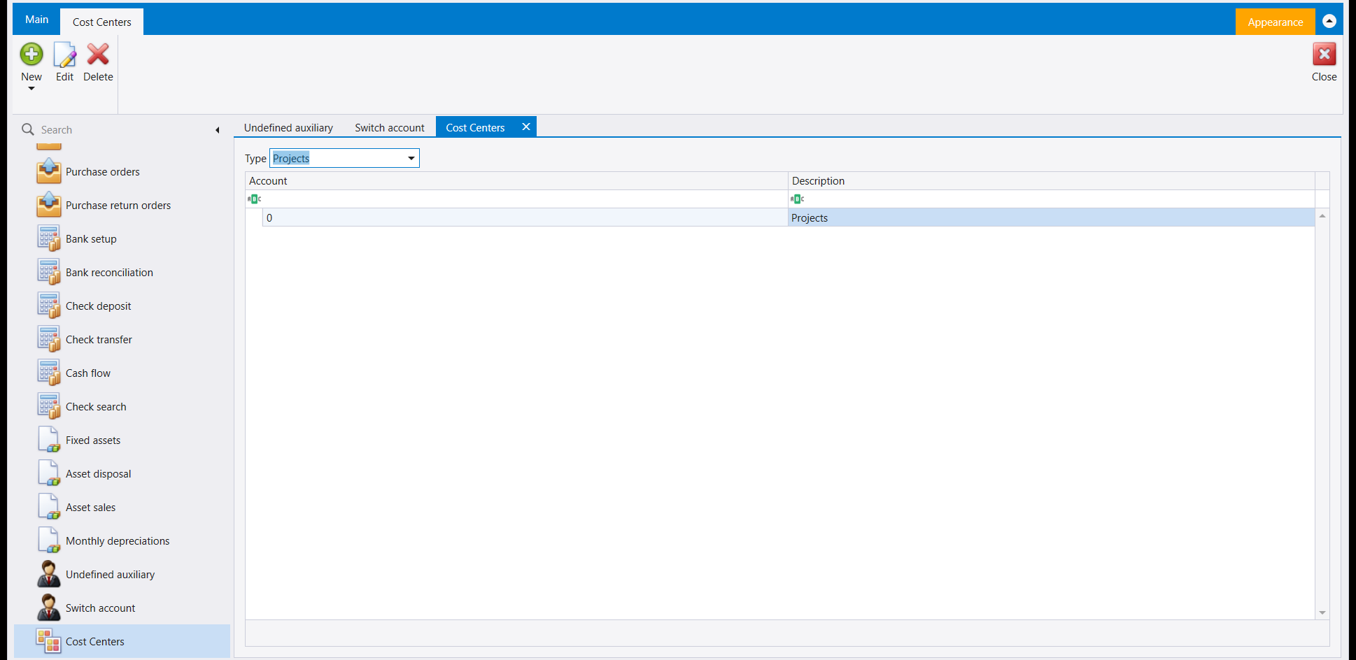 The Cost Centers screen: a Type dropdown reading Projects, and a grid with Account and Description columns holding one row numbered 0 and described as Projects. The ribbon holds New, Edit, Delete and Close