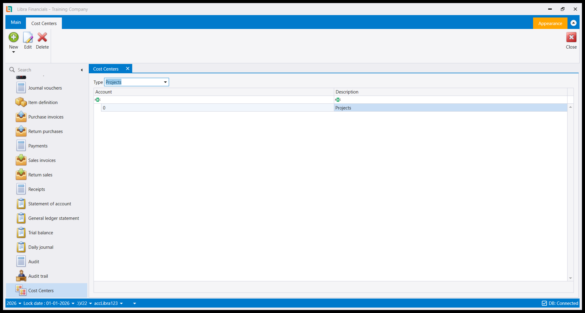 The Cost Centers screen: a Type selector set to Projects, above an Account / Description tree, with New / Edit / Delete in the ribbon