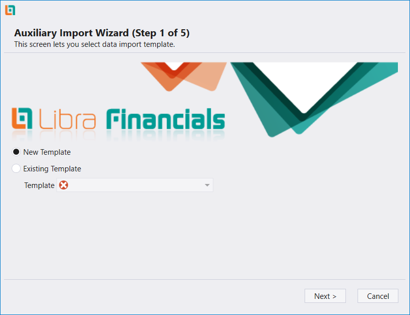 Auxiliary Import Wizard step 1 of 5, offering a new or an existing template