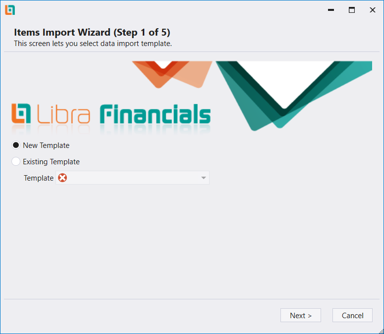 Items Import Wizard step 1 of 5, offering a new or an existing template