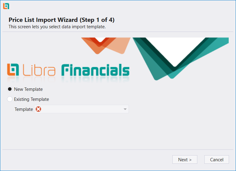 Price List Import Wizard step 1 of 4, offering a new or an existing template