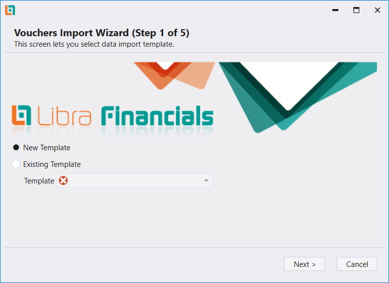 Vouchers Import Wizard step 1 of 5, offering a new or an existing template