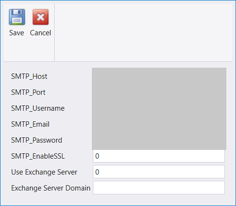 The Email settings window with Save and Cancel, and fields SMTP_Host, SMTP_Port, SMTP_Username, SMTP_Email, SMTP_Password, SMTP_EnableSSL, Use Exchange Server and Exchange Server Domain; the first five values are greyed out