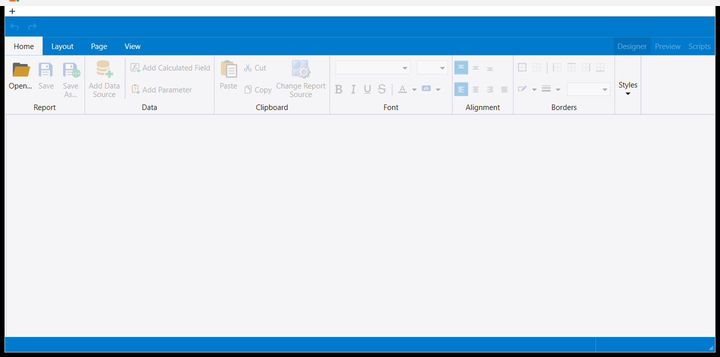 The Report designer window, open on a blank report, with Home, Layout, Page and View ribbon tabs and Designer, Preview and Scripts tabs on the right