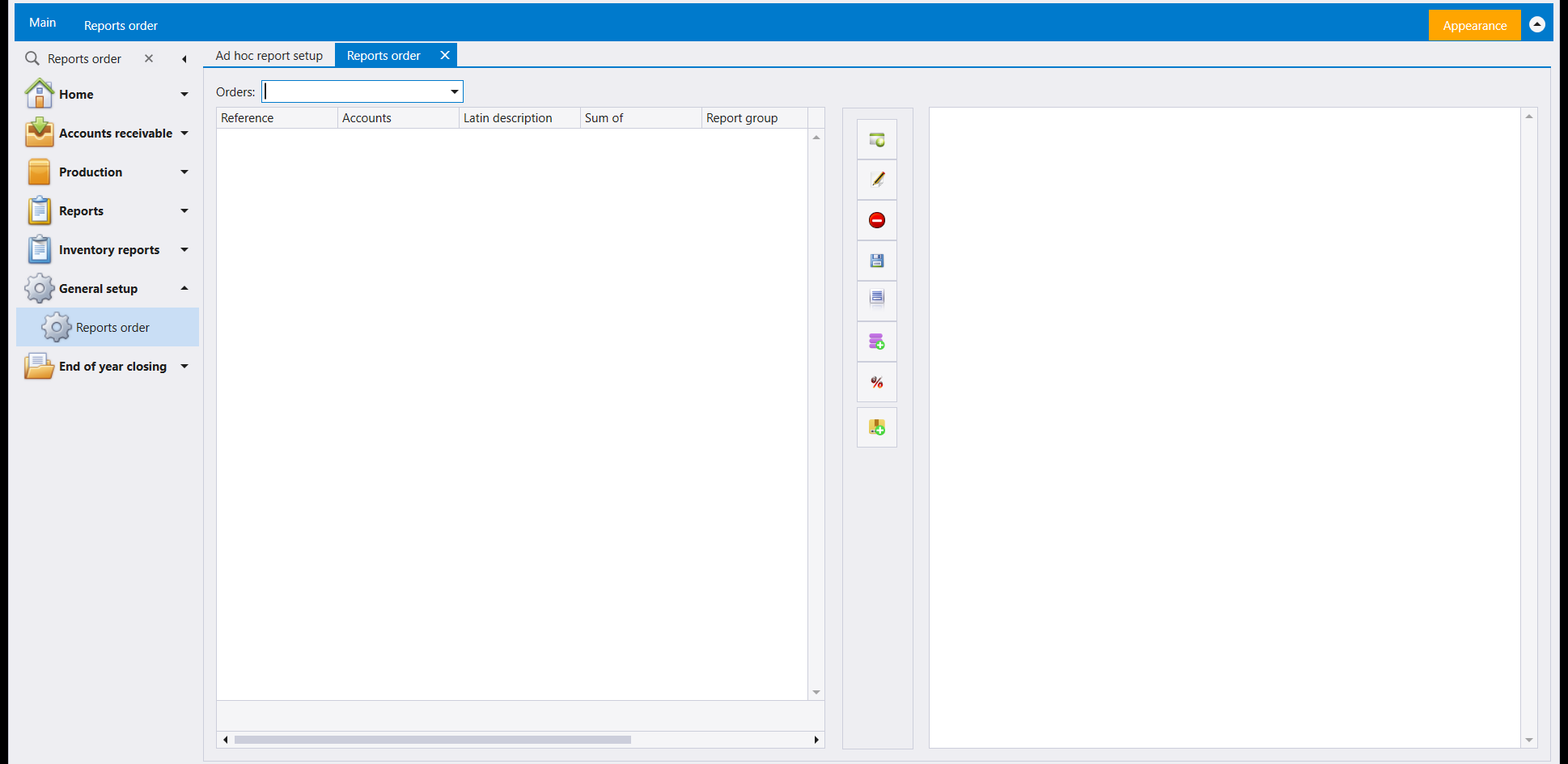 The Reports order screen: an Orders box above a grid with Reference, Accounts, Latin description, Sum of and Report group columns, and a column of buttons beside it