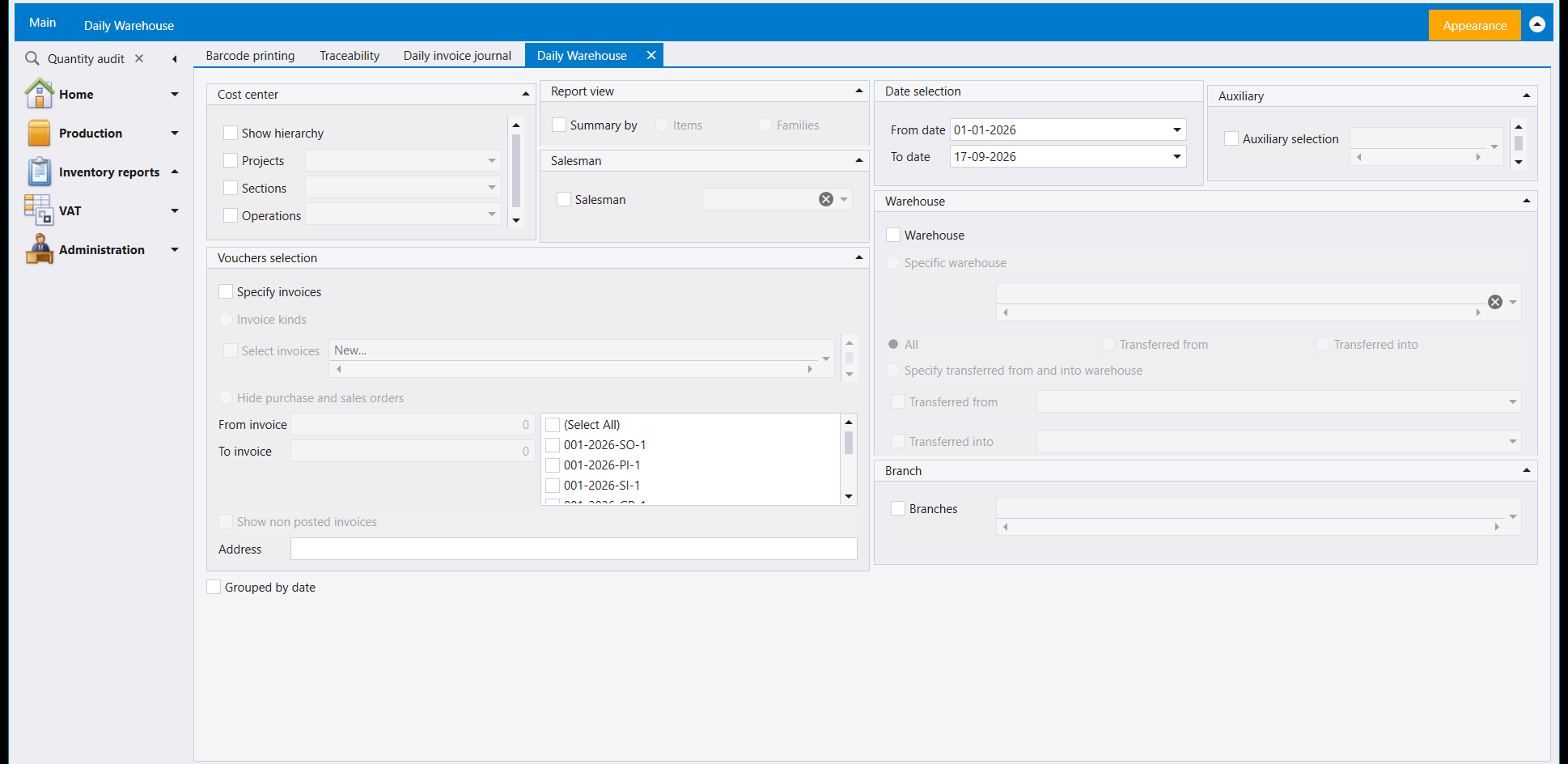 The Daily Warehouse screen: Cost center and Report view panels, a Vouchers selection panel with a checklist of sample voucher numbers and a Grouped by date checkbox, Date selection, Auxiliary, Warehouse with a transfer-direction choice, and Branch