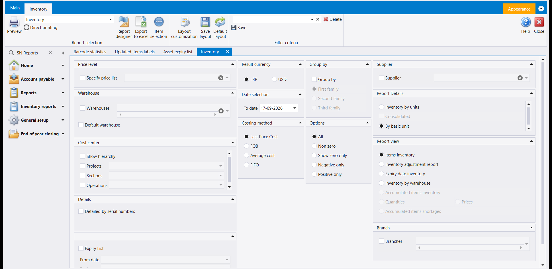 The Inventory screen with its ribbon open, and panels for Price level, Warehouse, Cost center, Details, Result currency, Date selection, Costing method, Options, Group by, Report Details, Report view, Supplier and Branch
