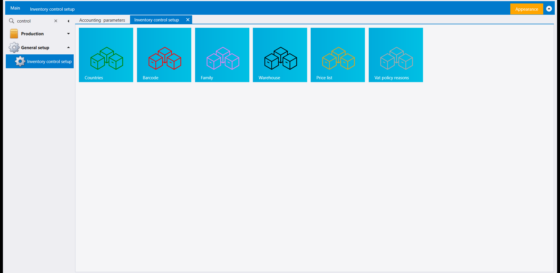 The Inventory control setup page, with six tiles: Countries, Barcode, Family, Warehouse, Price list and Vat policy reasons