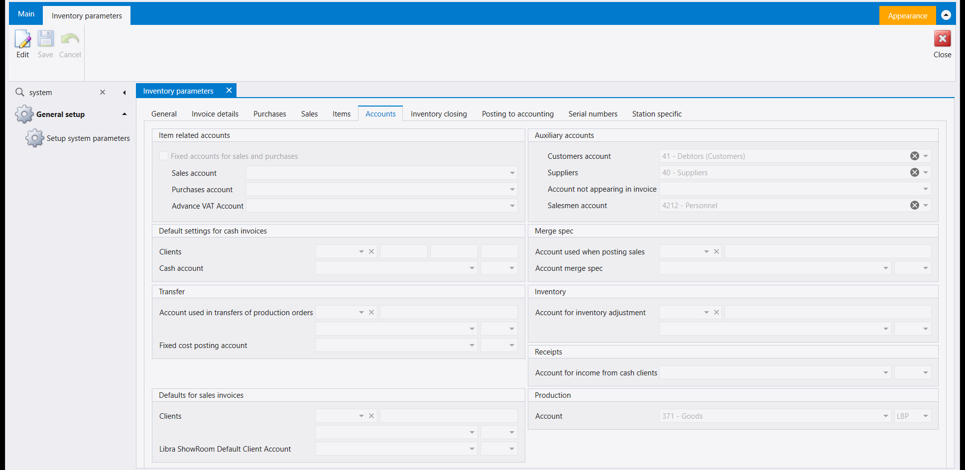 The Inventory parameters Accounts tab, showing the Item related accounts, Auxiliary accounts, Transfer, Inventory, Receipts and Production panels, with Account for inventory adjustment empty
