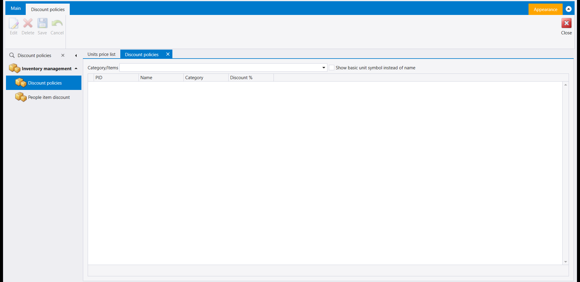 The Discount policies screen: a Category/Items picker, a checkbox to show the basic unit symbol instead of the name, and a grid with PID, Name, Category, and Discount % columns