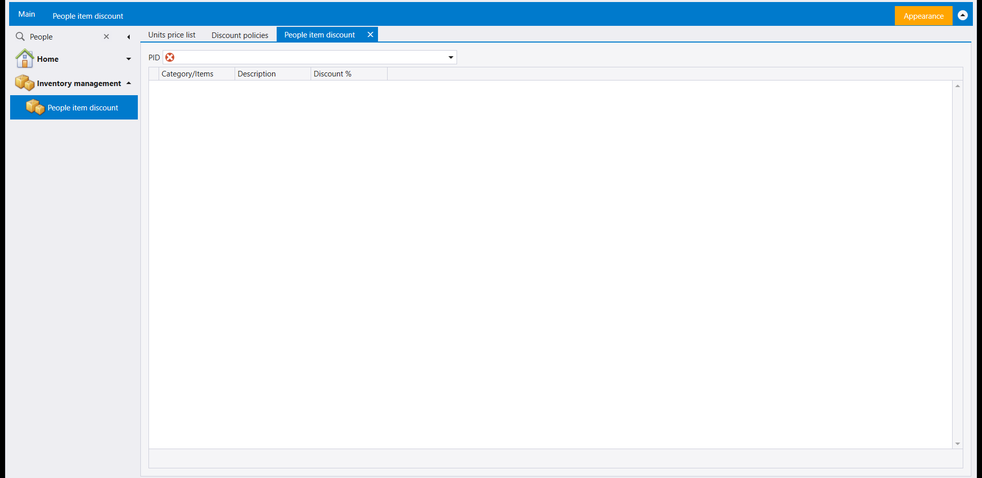 The People item discount screen: a mandatory PID field above a grid with Category/Items, Description and Discount % columns