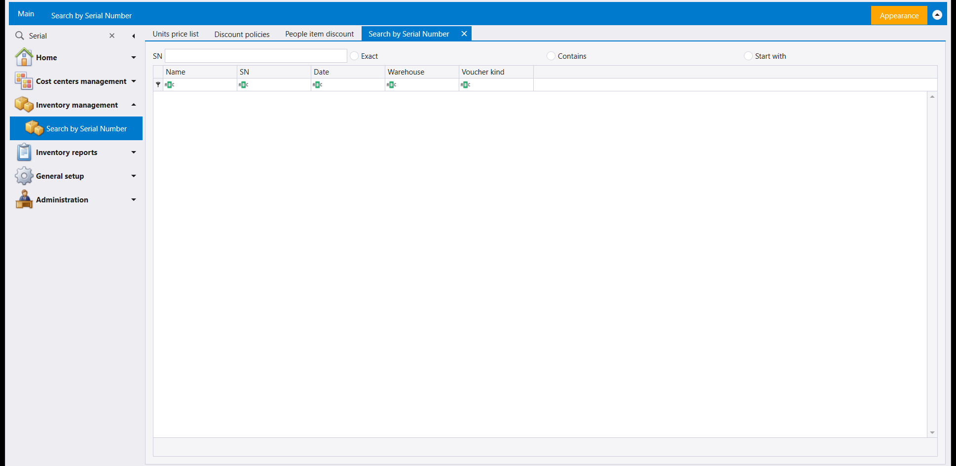 The Search by Serial Number screen: an SN field with Exact, Contains and Start with options, above a grid with Name, SN, Date, Warehouse and Voucher kind columns