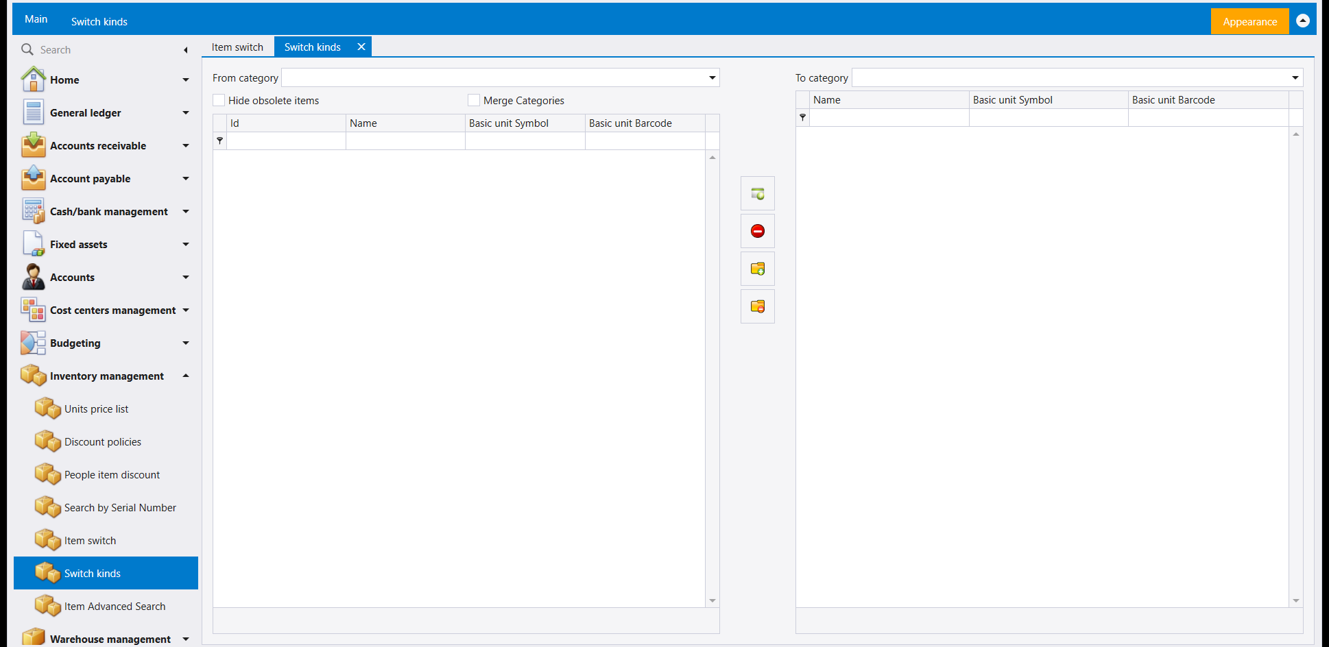 The Switch kinds screen: From category and To category pickers either side of two grids (Id/Name/Basic unit Symbol/Basic unit Barcode, and Name/Basic unit Symbol/Basic unit Barcode) with four icon buttons between them, plus Hide obsolete items and Merge Categories checkboxes