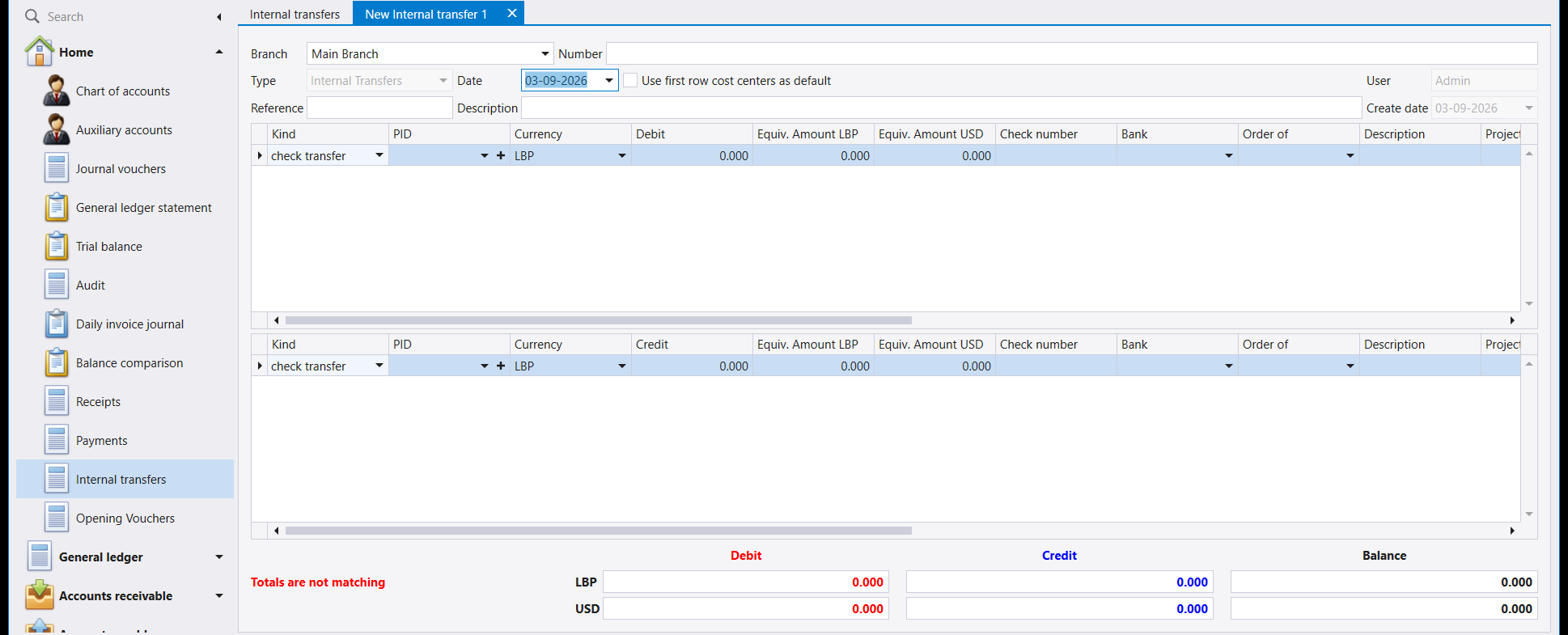 A new internal transfer. Both grids carry Kind, PID, Ledger, Currency, Check number, Bank and Order of