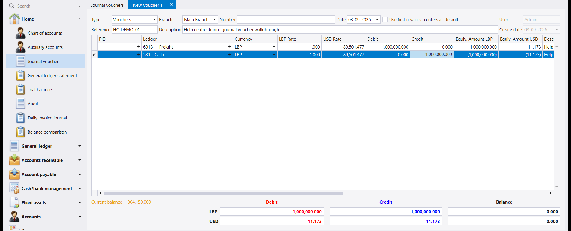 Both lines entered. The red warning has gone, and Balance is 0.000 on both the LBP and the USD row