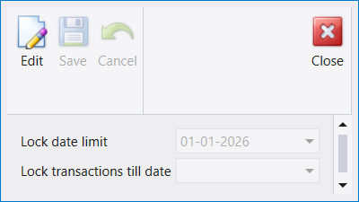 The same small dialog, with Lock date limit reading 01-01-2026 and Lock transactions till date empty