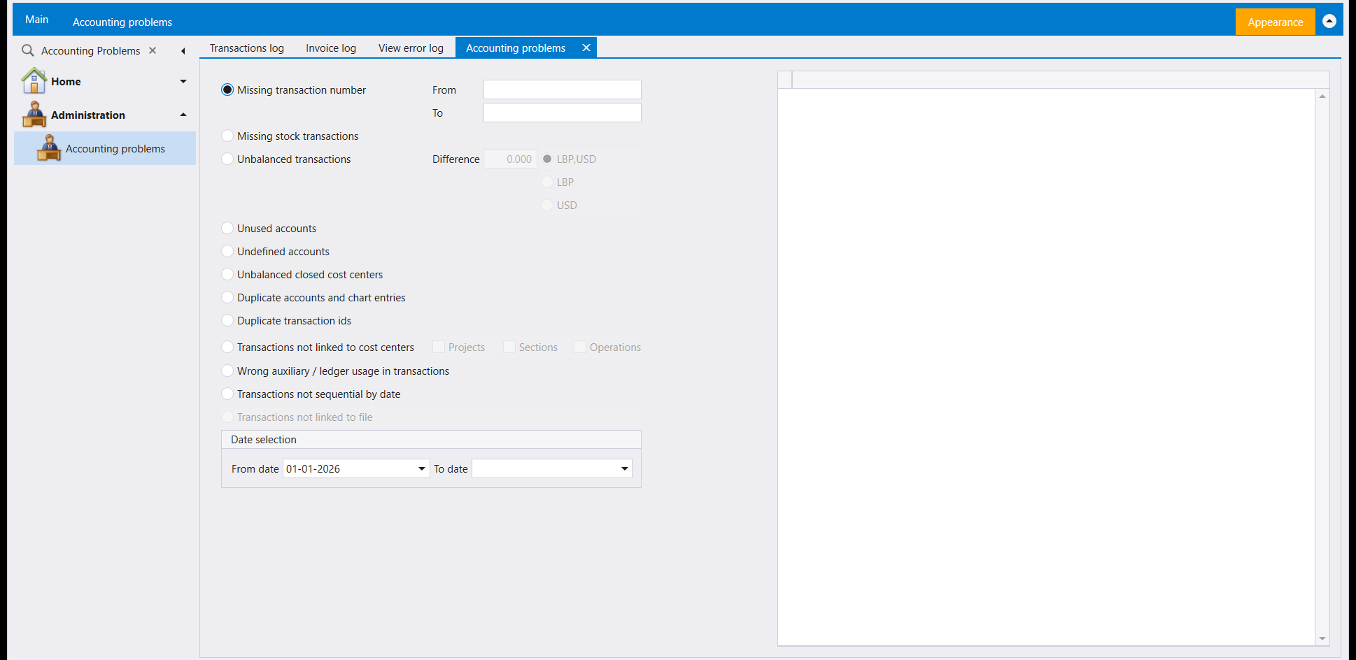 The Accounting problems screen: a list of checks including Missing transaction number, Missing stock transactions, Unbalanced transactions, Unused accounts, Undefined accounts, Unbalanced closed cost centers, Duplicate accounts and chart entries, Duplicate transaction ids, Transactions not linked to cost centers, Wrong auxiliary / ledger usage in transactions and Transactions not sequential by date, with a Date selection range below