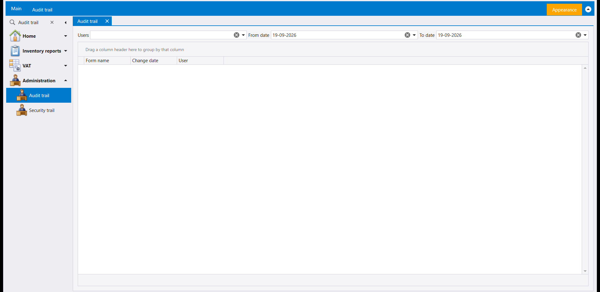 The Audit trail screen: Users, From date and To date filters above an empty grid with Form name, Change date and User columns