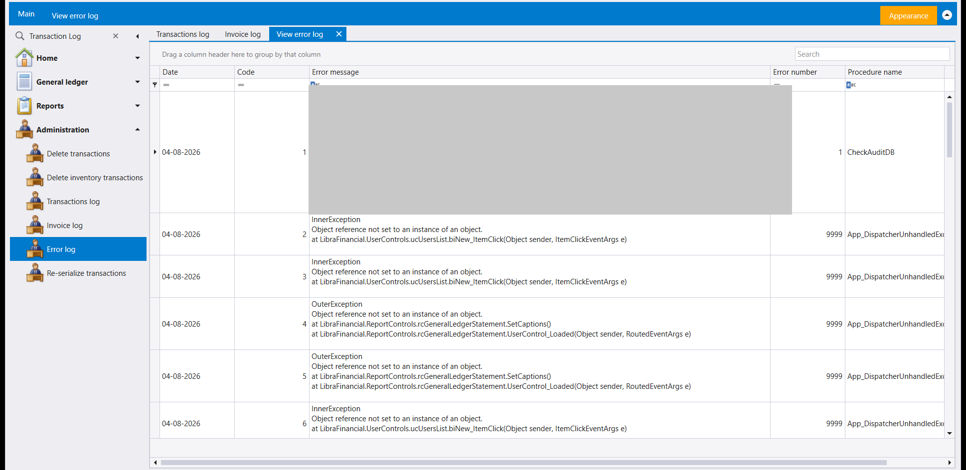 The Error log screen: a search box and a grid with Date, Code, Error message, Error number and Procedure name columns, its first Error message cell greyed out