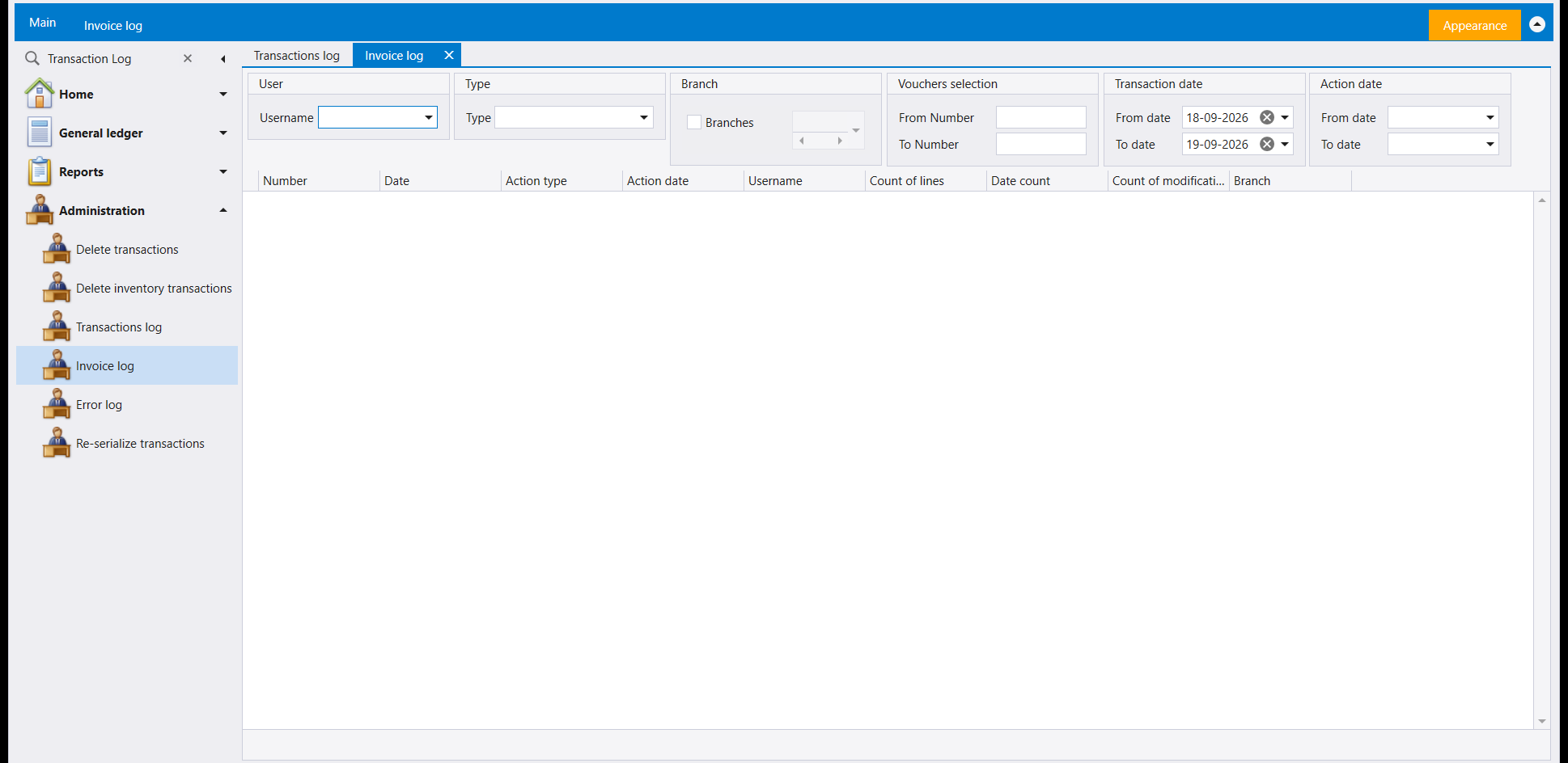 The Invoice log screen: User, Type, Branch, Vouchers selection, Transaction date and Action date filters above a grid with Number, Date, Action type, Action date, Username, Count of lines, Date count, Count of modifications and Branch columns