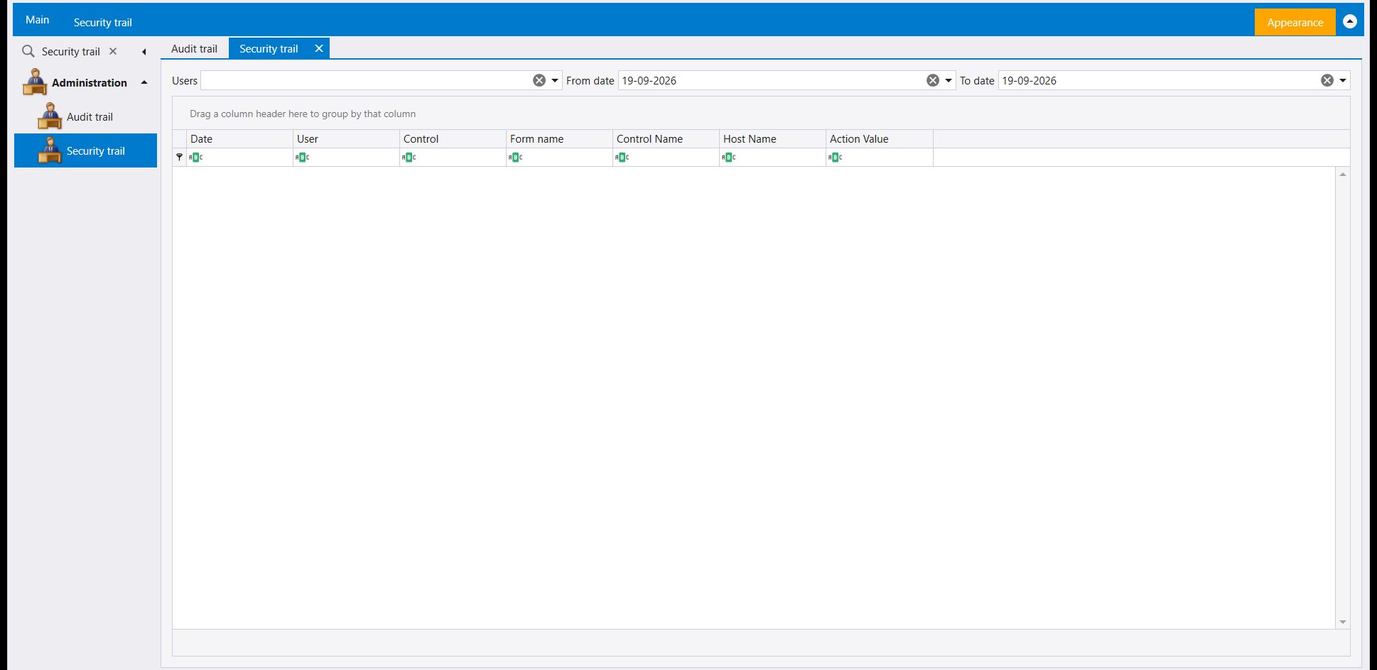 The Security trail screen: Users, From date and To date filters above a grid with Date, User, Control, Form name, Control Name, Host Name and Action Value columns