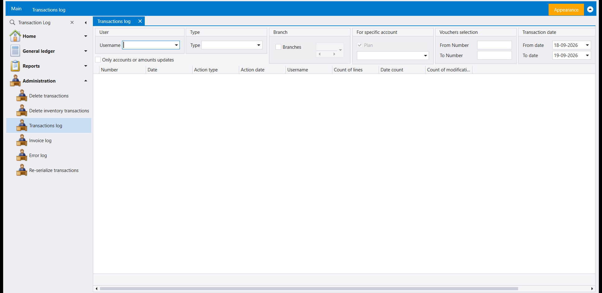 The Transactions log screen: User, Type, Branch, For specific account, Vouchers selection and Transaction date filters, an Only accounts or amounts updates box, above a grid with Number, Date, Action type, Action date, Username, Count of lines, Date count and Count of modifications columns