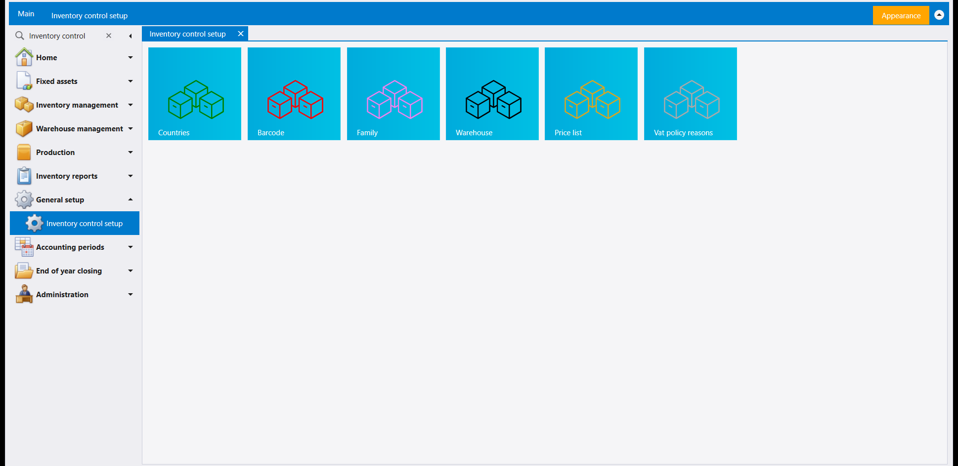 Inventory control setup page with its Countries tile among six