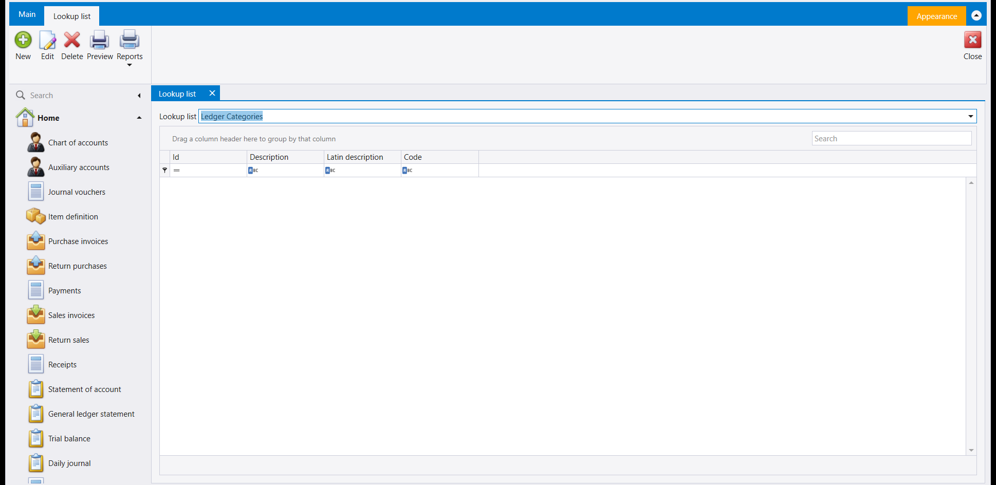 Lookup list screen, with the Ledger Categories list chosen and an empty Id, Description, Latin description, Code grid