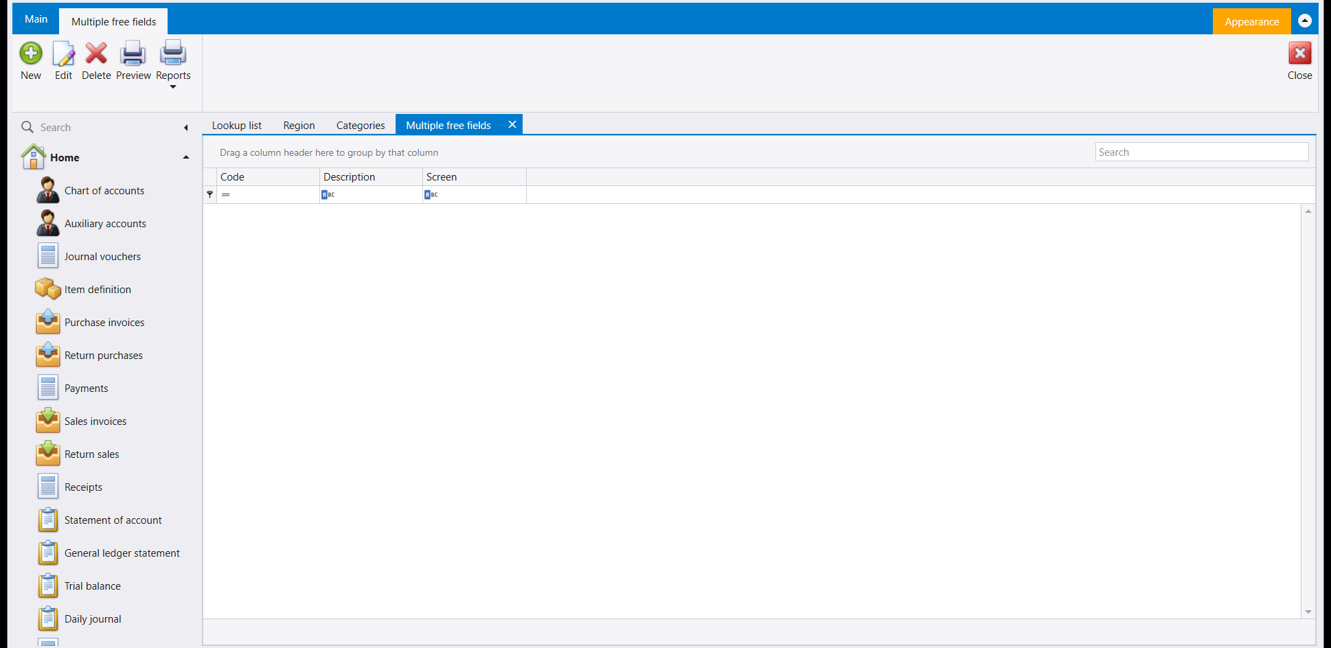 Multiple free fields: an empty Code, Description, Screen grid