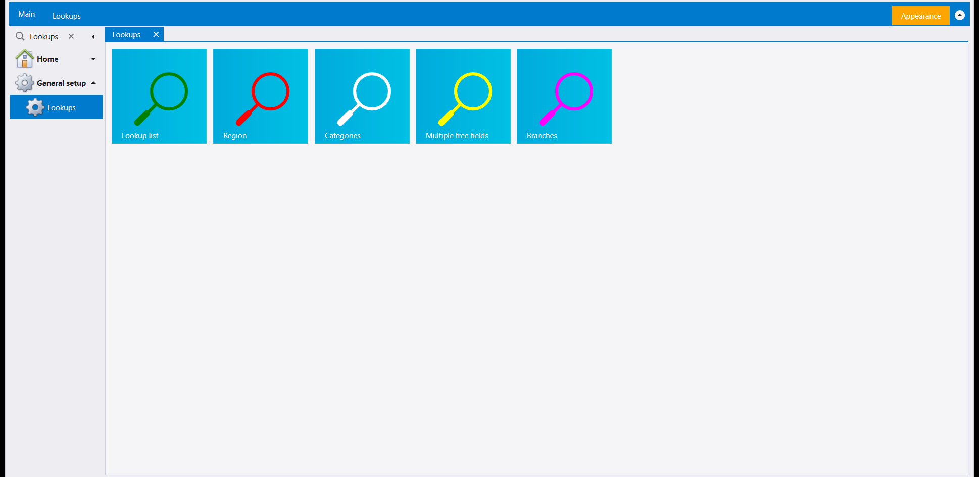 Lookups page with five tiles: Lookup list, Region, Categories, Multiple free fields and Branches