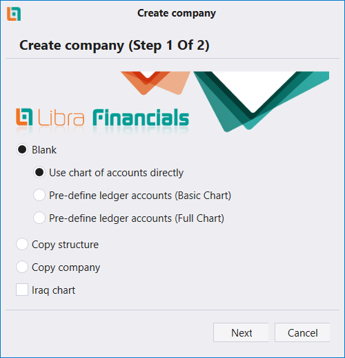 Create company, step 1 of 2: Blank with its three chart choices, Copy structure, Copy company and Iraq chart